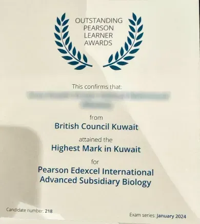 Highest mark in Kuwait — Edexcel IAS Biology, January 2024 (Outstanding Pearson Learner Award, British Council Kuwait)
