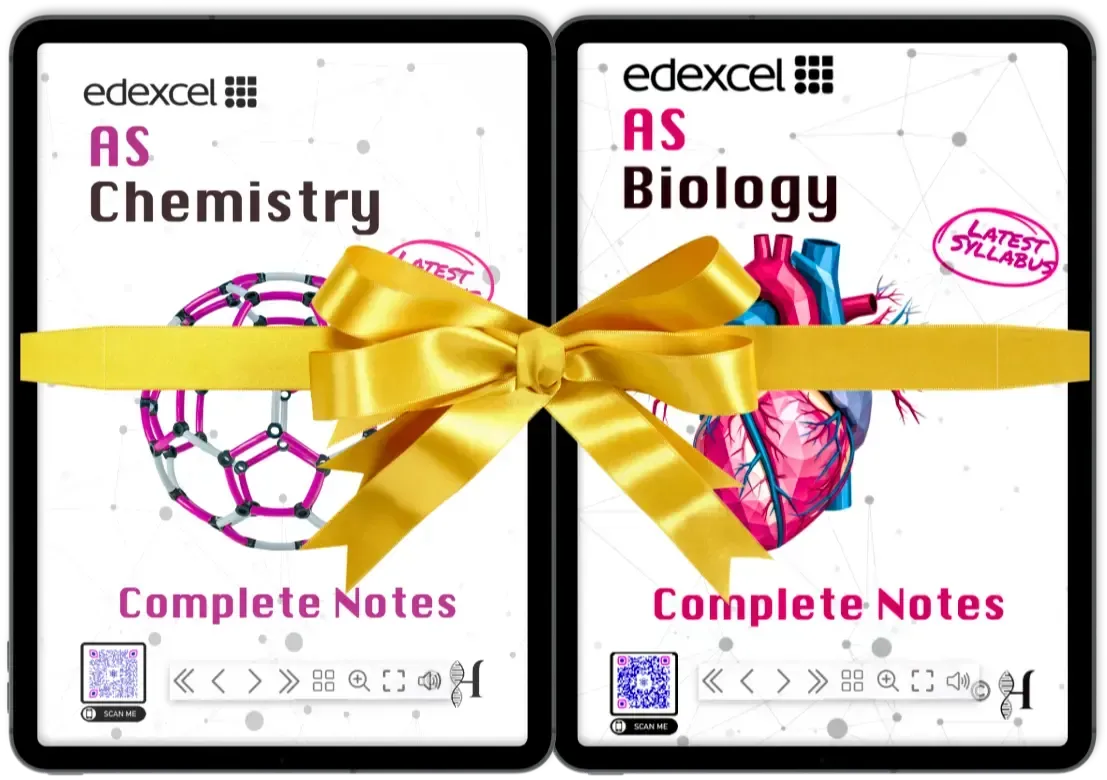 Two tablets display Edexcel IAL Biology and Chemistry notes, tied together with a golden ribbon.