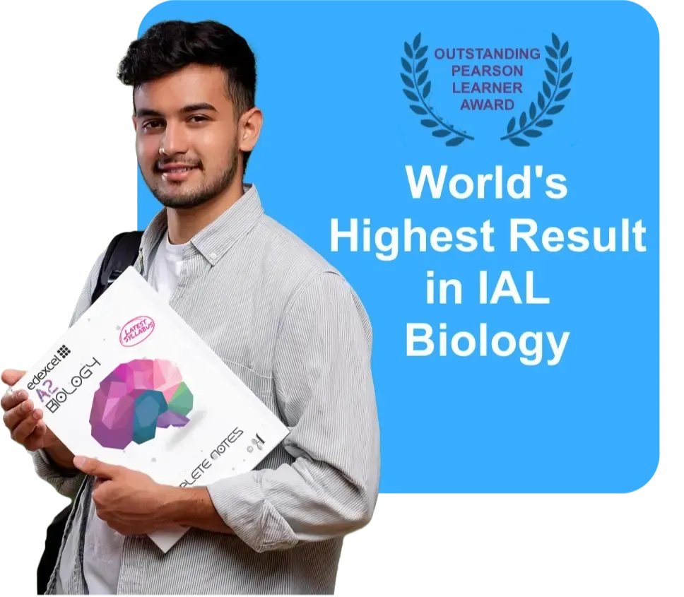 A smiling young man, wearing a backpack, holds an A2 Biology textbook while standing next to a blue panel that announces his