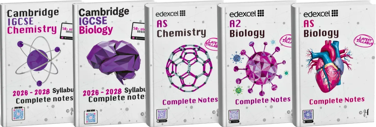 A row of five textbooks: Cambridge IGCSE Chemistry, Biology, Edexcel AS Chemistry, A2 Biology, and AS Biology.
