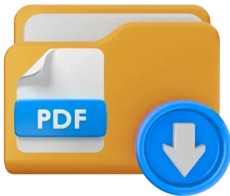 A brown folder icon contains a blue pdf sign, with a blue circular download button next to it.