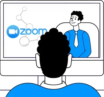 Person seen from behind watching a Zoom call with a man in blue shirt and tie, plus a molecular structure on screen.