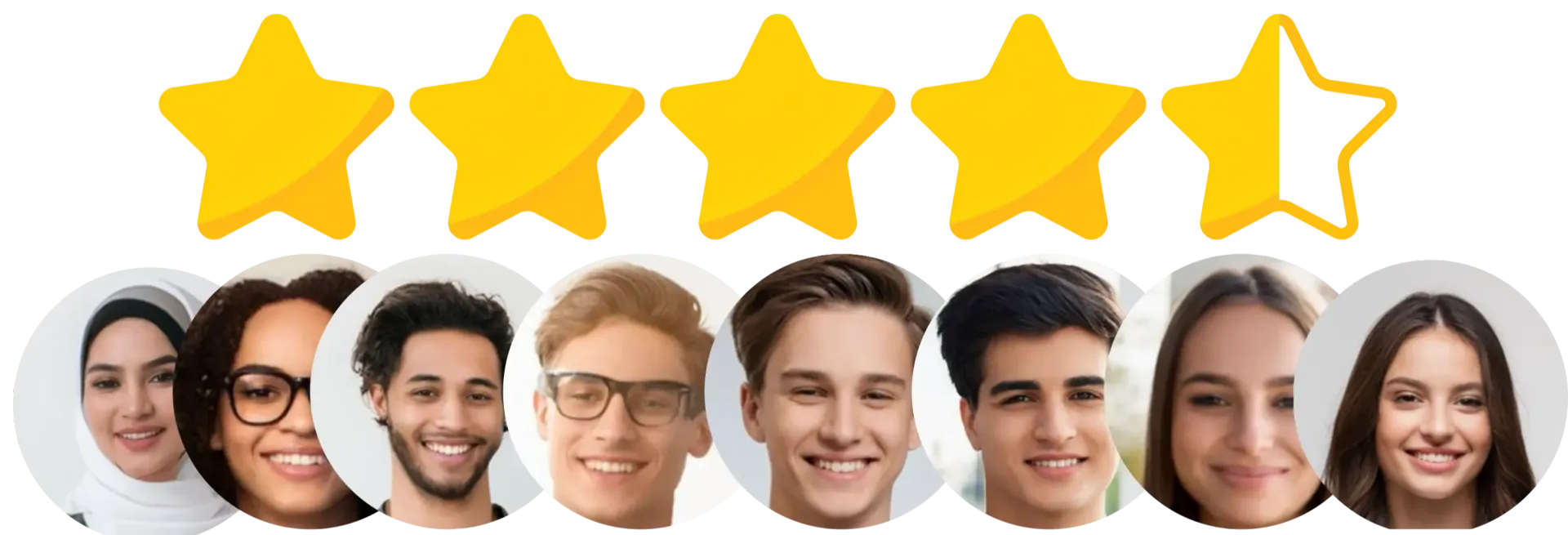A 4.5-star rating is displayed above a row of seven diverse smiling faces, with text below indicating