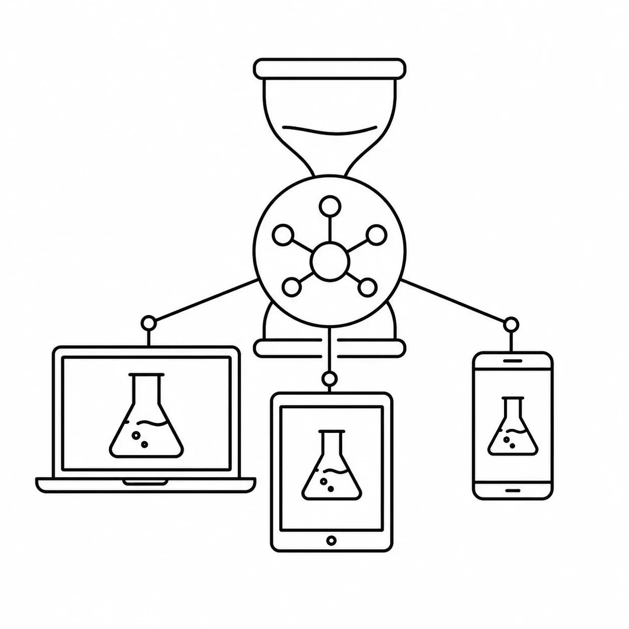 Line illustration showing two-year access to IAL AS Chemistry lessons across multiple devices