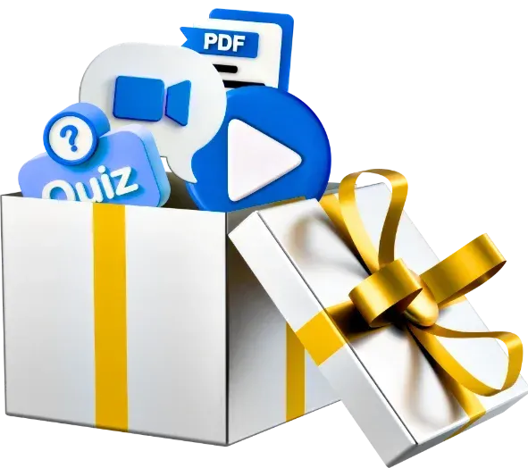 A white gift box tied with a yellow ribbon, overflowing with various digital icons like PDF, video, and quiz.