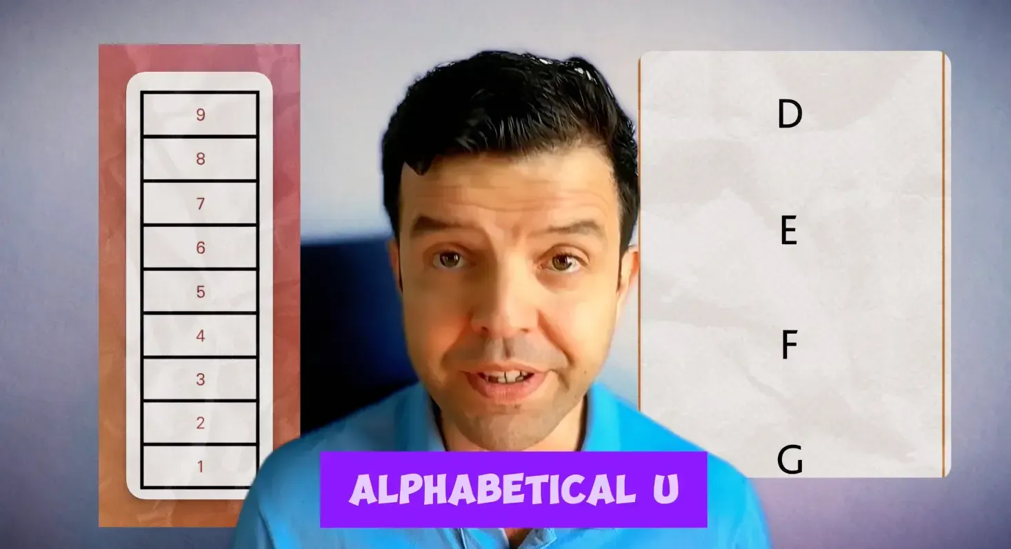 A man speaks to the camera, flanked by a numbered list and an alphabetical list.
