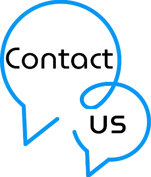 Two blue outlined speech bubbles, one larger and one smaller, contain the words