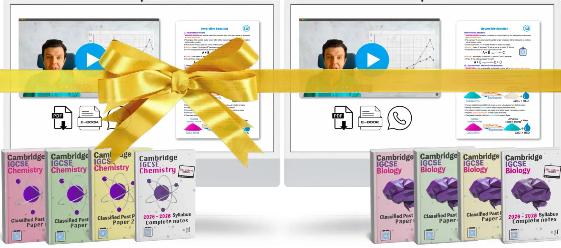Monitors display chemistry and biology lessons, with Cambridge IGCSE textbooks for both subjects below, tied with a ribbon.