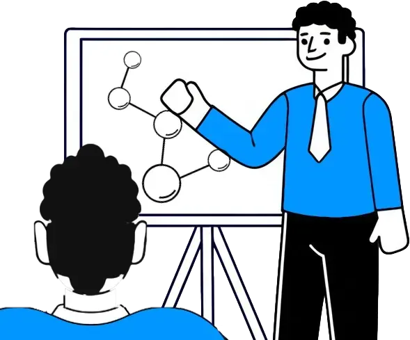 A man in a blue shirt presents a molecular structure on a whiteboard to a student.