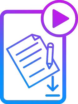 A gradient blue-to-purple icon features a document with a pencil, a download arrow, and a play button.