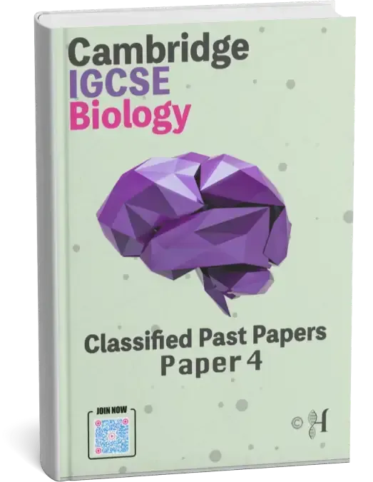 A light green Cambridge IGCSE Biology textbook with a purple geometric brain and