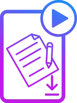 A gradient blue-to-purple icon features a document with a pencil, a download arrow, and a play button.