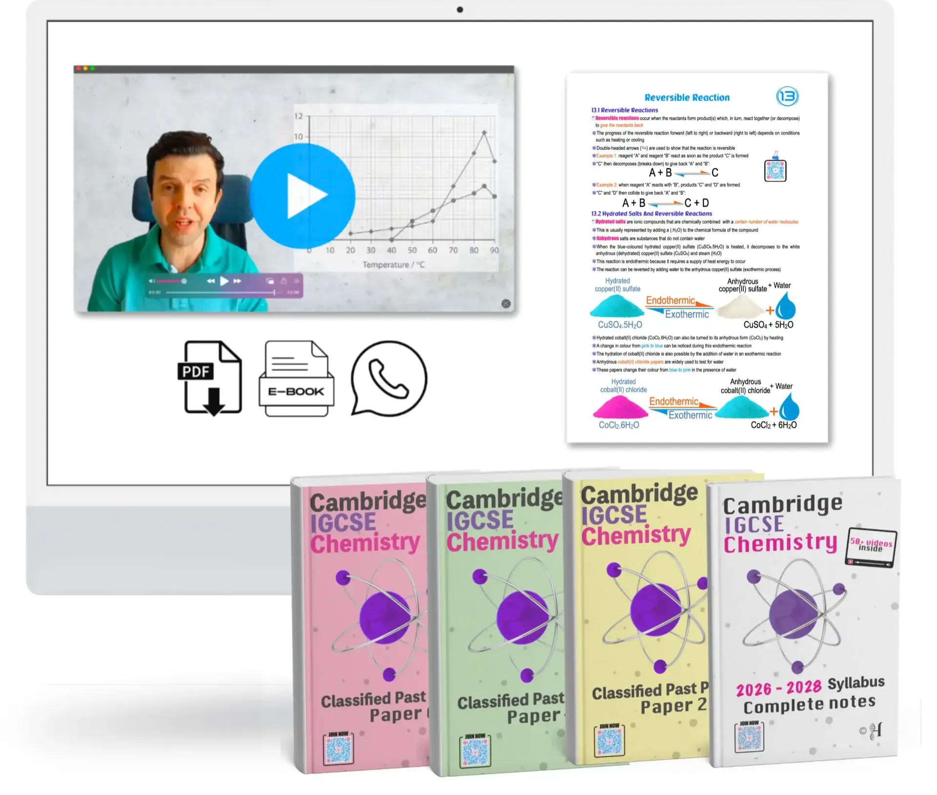Monitors display chemistry lesson, with Cambridge IGCSE textbooks for IGCSE chemistry below