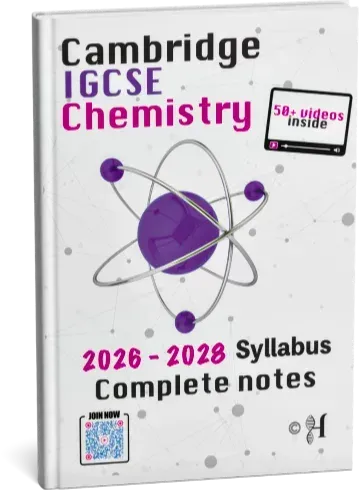 A white Cambridge IGCSE Chemistry textbook with an atomic model and