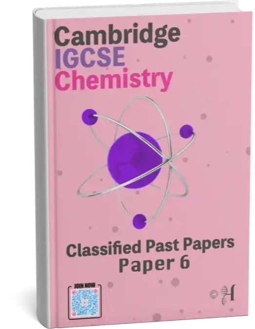 A pink Cambridge IGCSE Chemistry textbook with an atomic model and