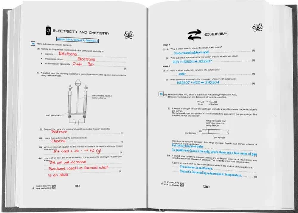 An opened chemistry textbook displays notes on electricity, chemical reactions, and equilibrium.