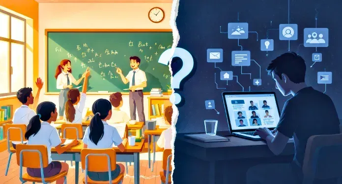 A split image compares a traditional classroom with students and teachers, and a person using a laptop for online learning.