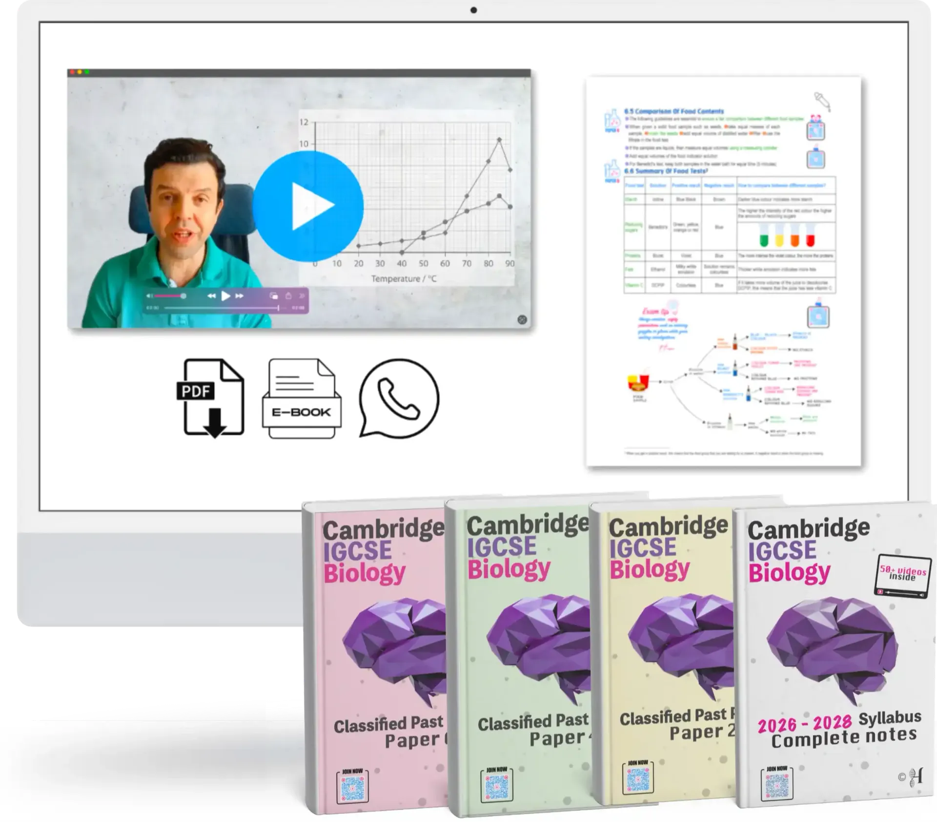 Monitors display biology lesson, with Cambridge IGCSE textbooks for IGCSE biology below