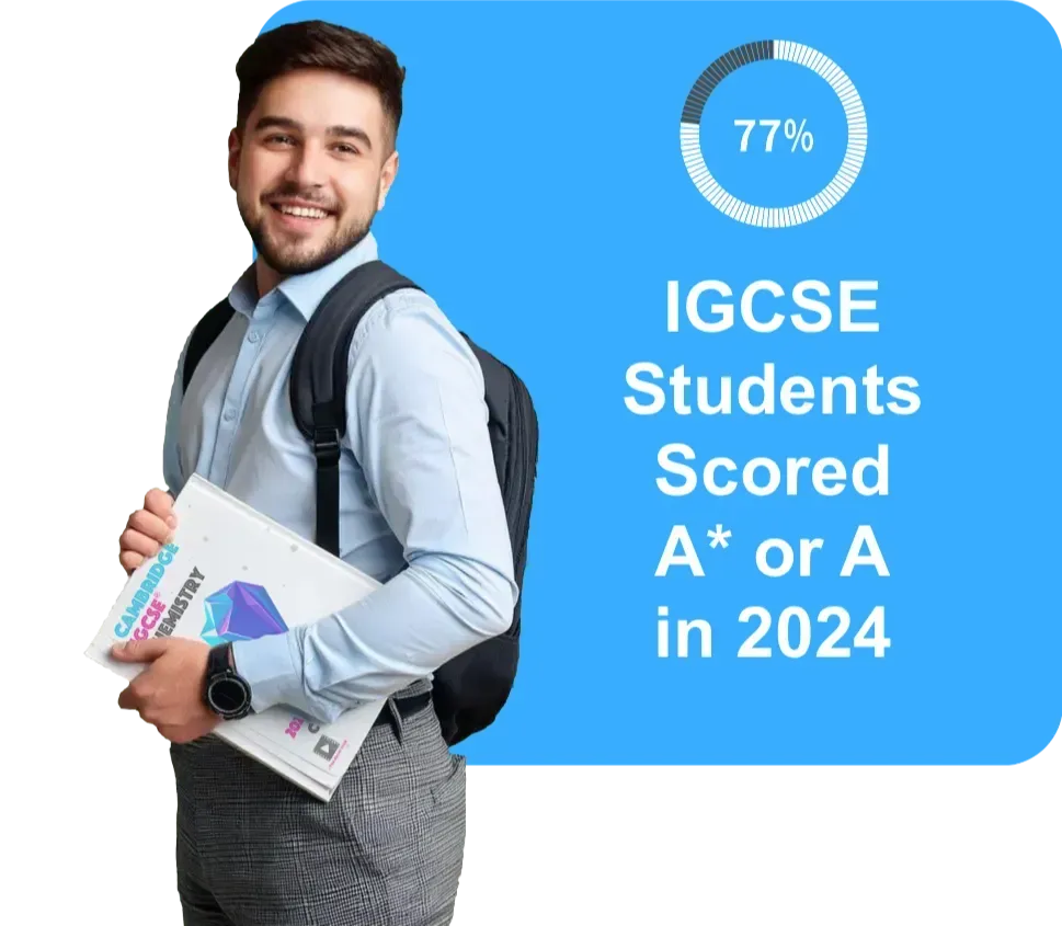 Smiling young man with backpack and chemistry book stands by a blue panel: