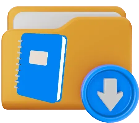 A brown folder icon contains a blue notebook, with a blue circular download button next to it.