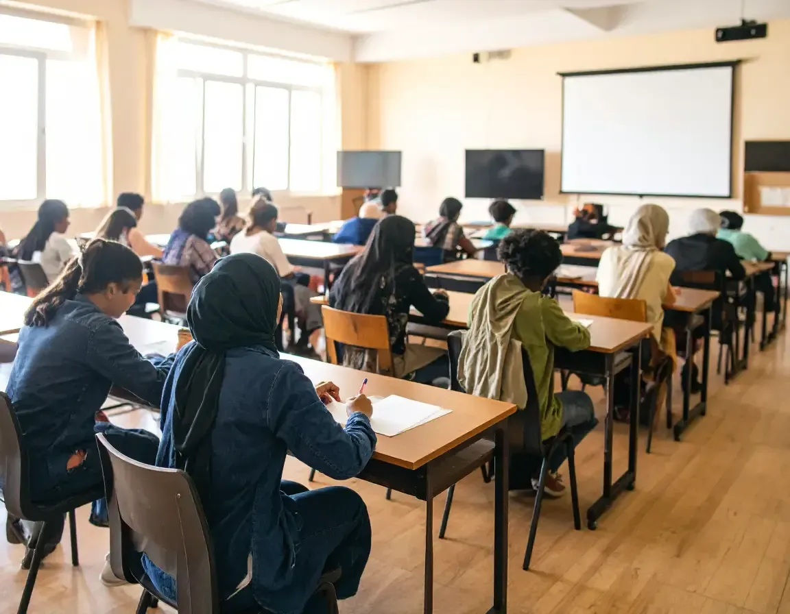Students sit at desks in a classroom with windows and a projection screen, facing forward.