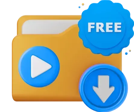 A brown folder icon with a blue play button, a download symbol, and a