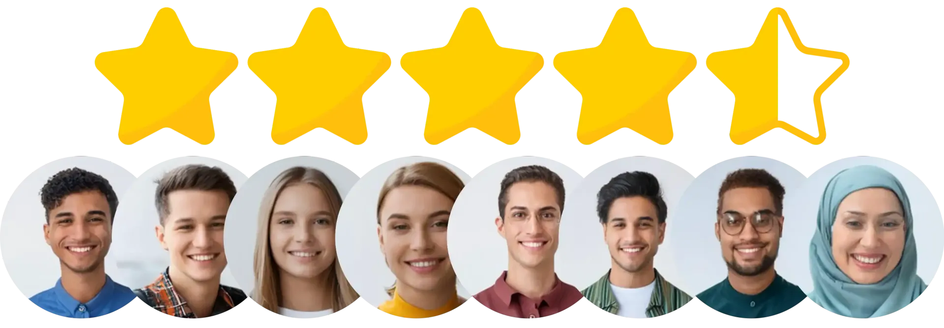 A 4.5-star rating is displayed above a row of seven diverse smiling faces.
