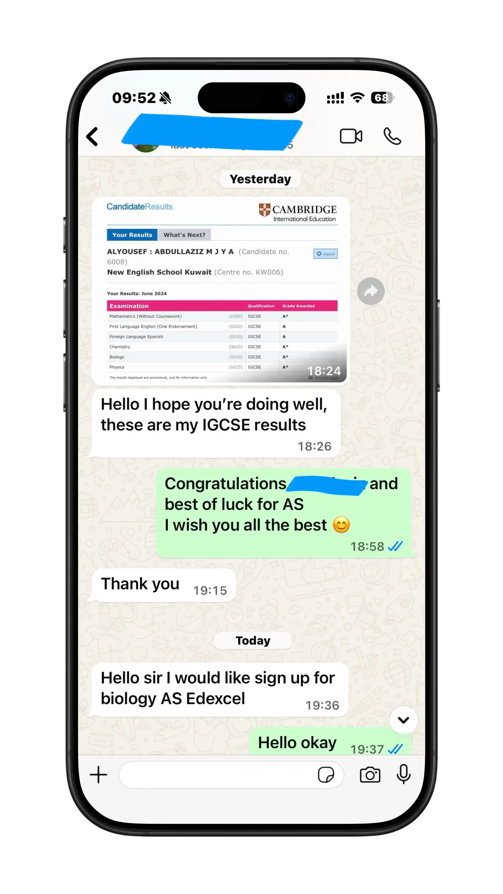 WhatsApp message from a student telling Mr. Hosni they got an A* in IGCSE Biology, with his congratulations and best wishes for university