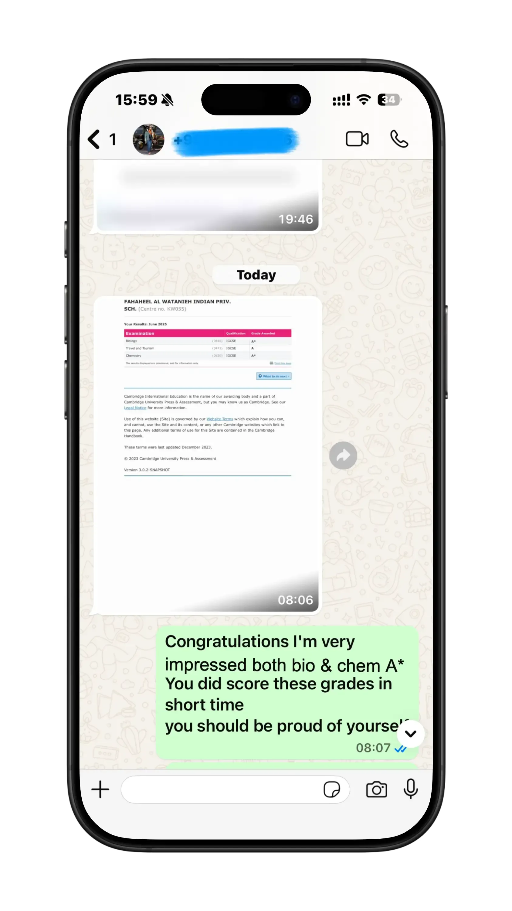 WhatsApp message from a student sharing their official Cambridge result with Mr. Hosni's congratulations