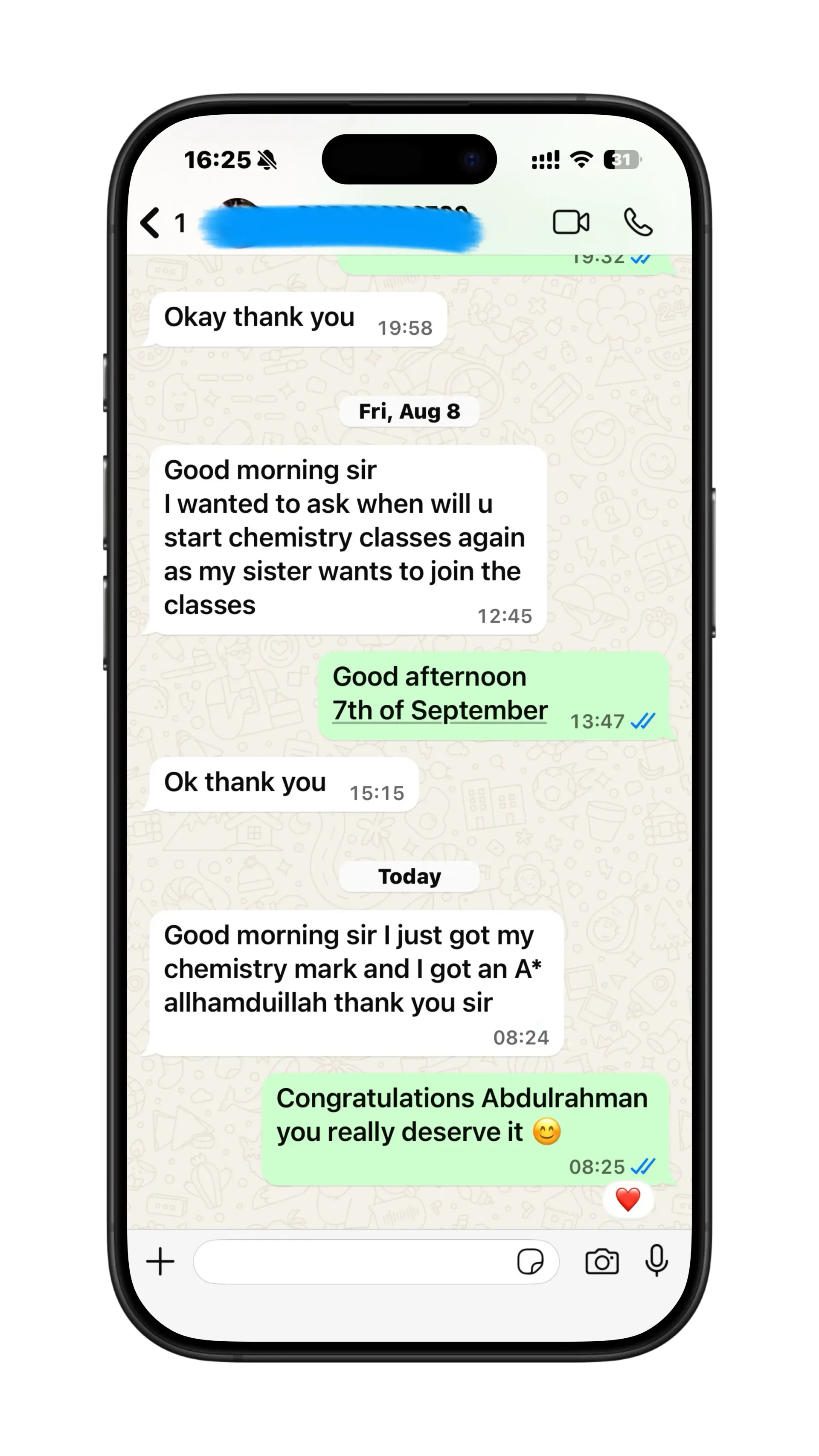 WhatsApp message showing a top result shared by a student, with Mr. Hosni's proud reply