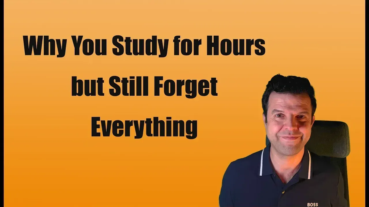 Man smiling in front of an orange background with bold black text that says ‘You study for hours but still forget everything’ — educational thumbnail about effective study habits.
