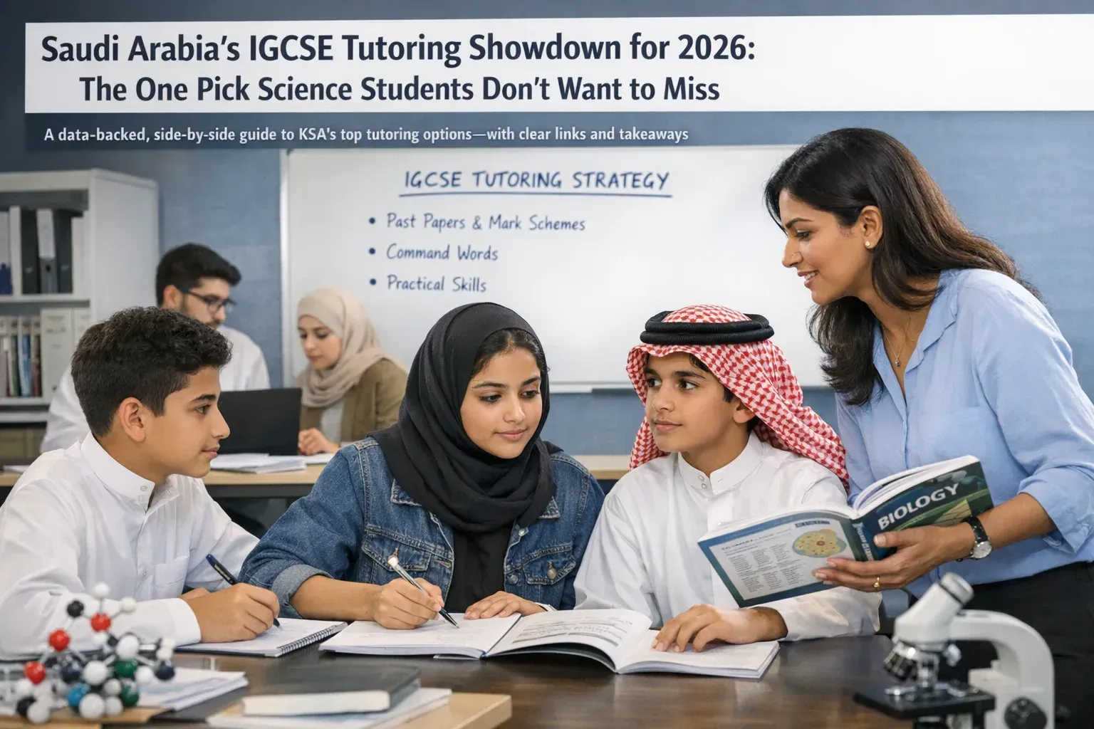 Saudi Arabian IGCSE students studying science in a modern classroom with a professional tutor, focus