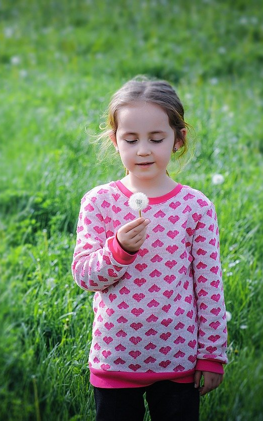 Image of a little girl admiring a dandelion.