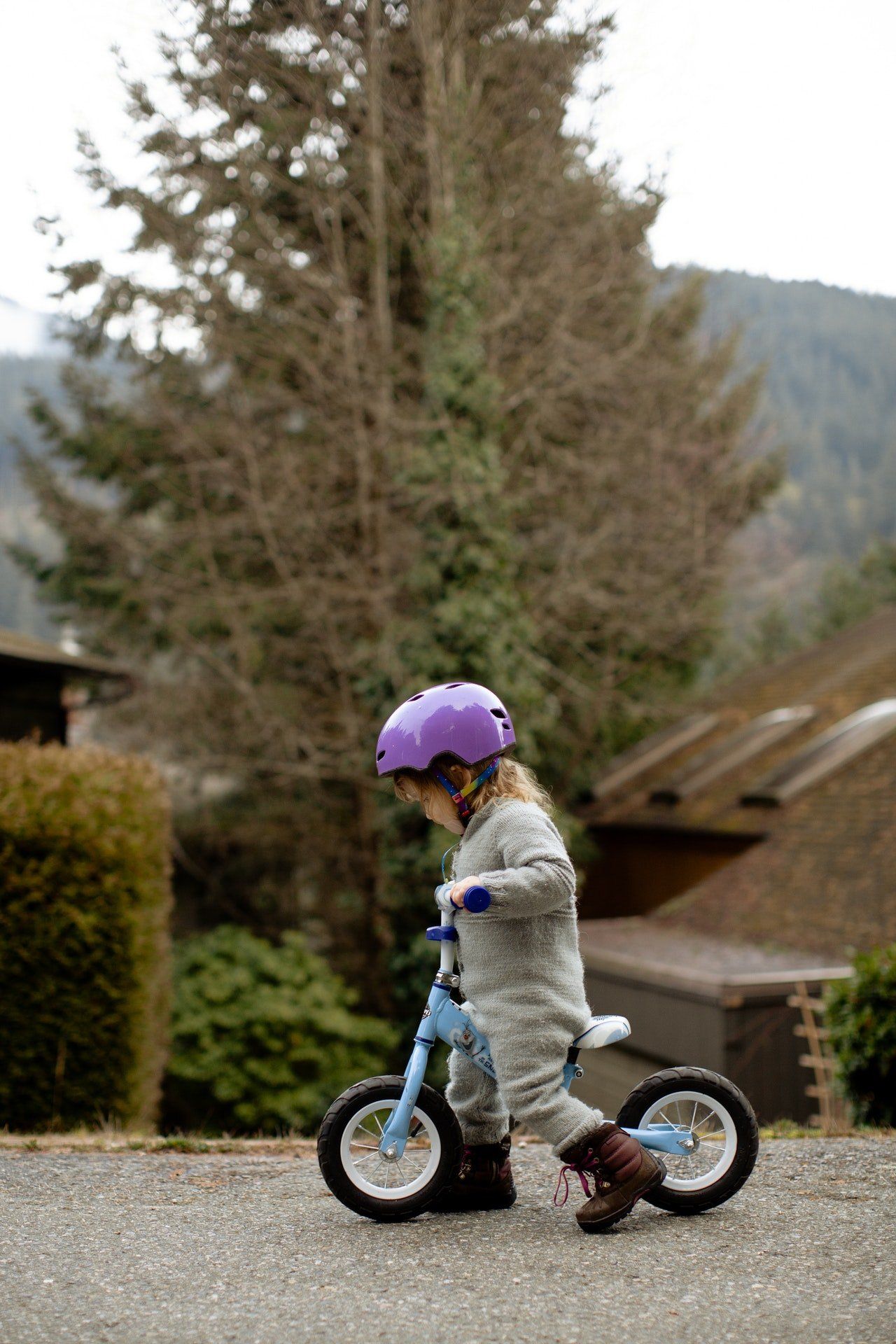 Image of a child walking a bicycle.