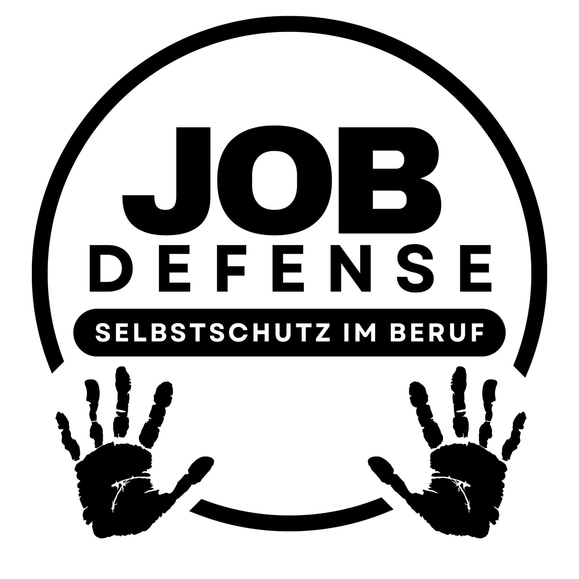 Logo: JobDefense – Selbstschutz im Beruf. Kreis, Schriftzug, warnende Hände.