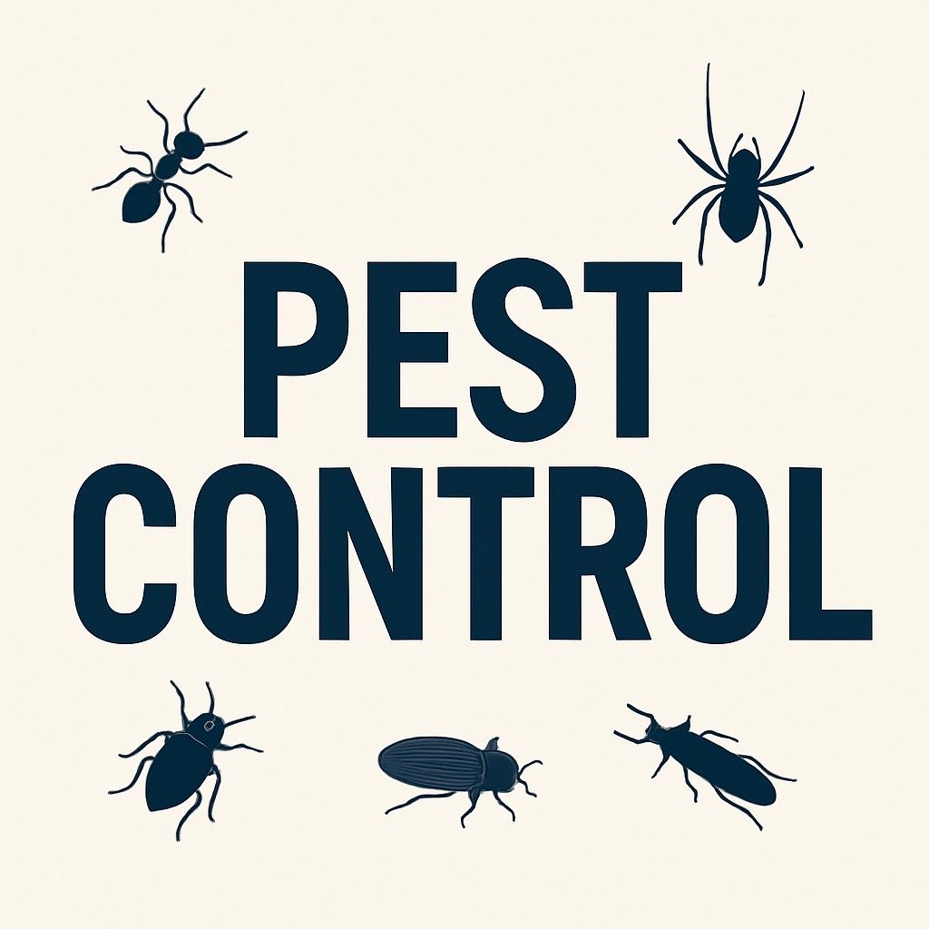 Pest control services graphic design showing insects such as ants, spiders, and beetles surrounding bold pest control text for property preservation website
