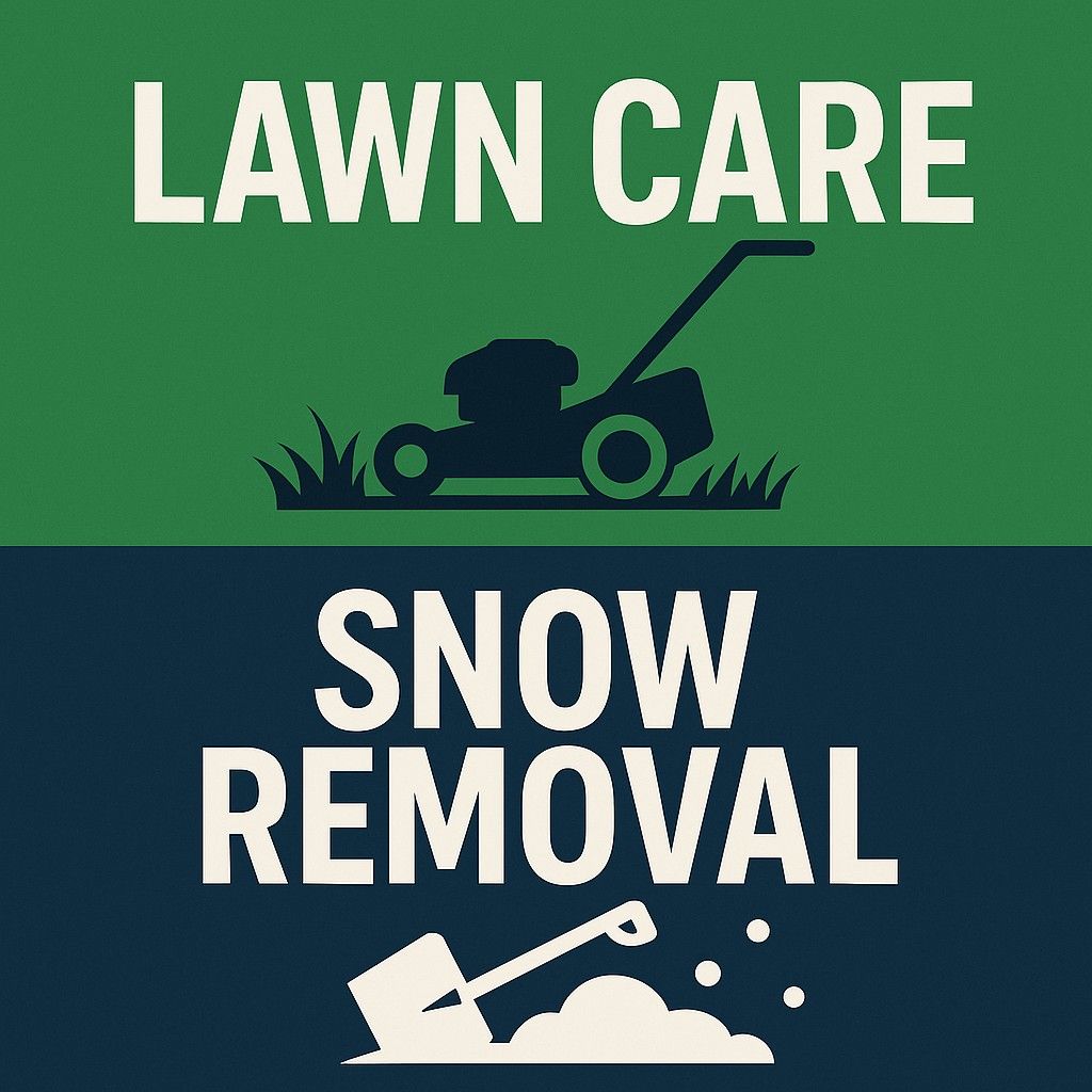 Lawn care and snow removal services graphic showing a mower and shovel, highlighting seasonal property preservation and maintenance solutions