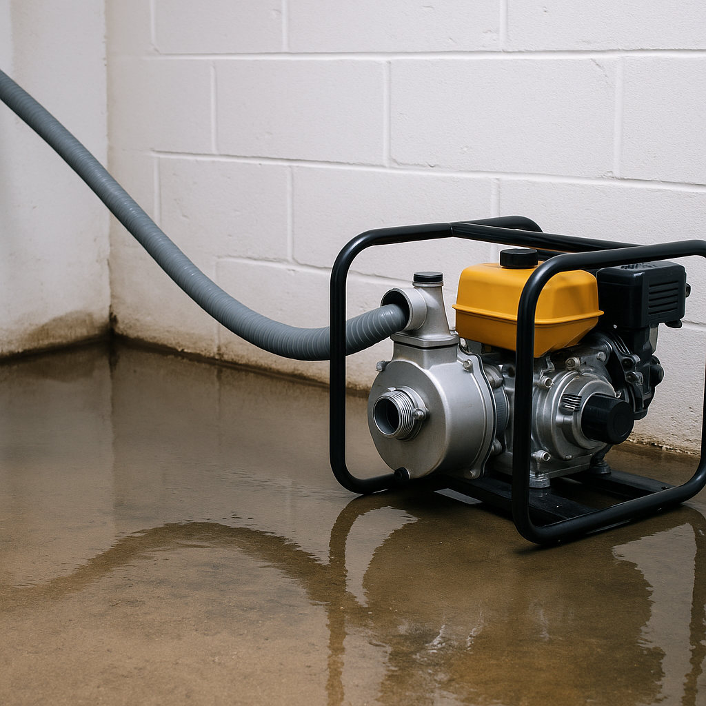 Basement water removal service using a gas-powered pump to drain standing water and prevent property damage in foreclosure and bank-owned homes