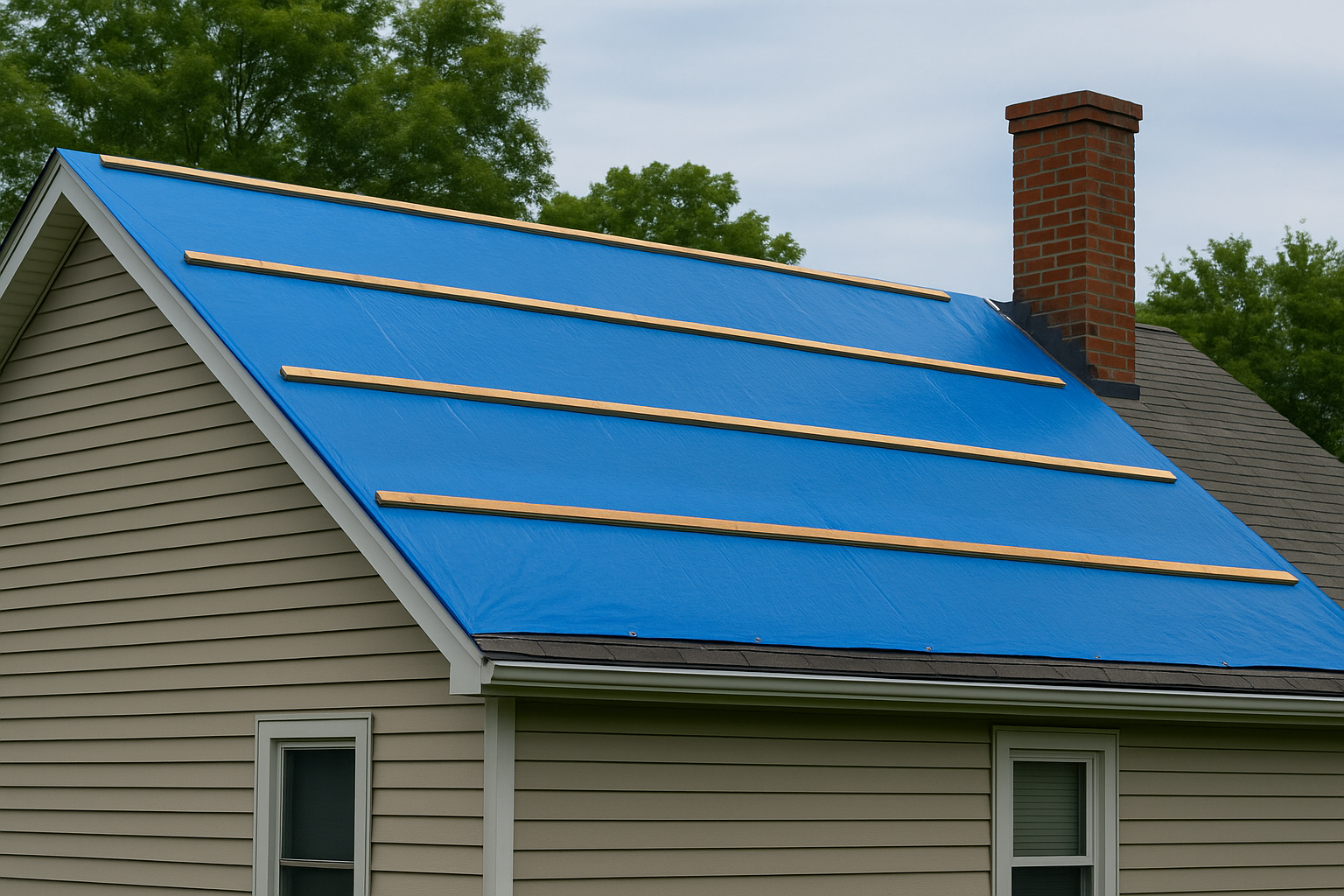 Roof tarping services for foreclosure and bank-owned properties, with blue tarp secured to protect against leaks, weather damage, and further deterioration