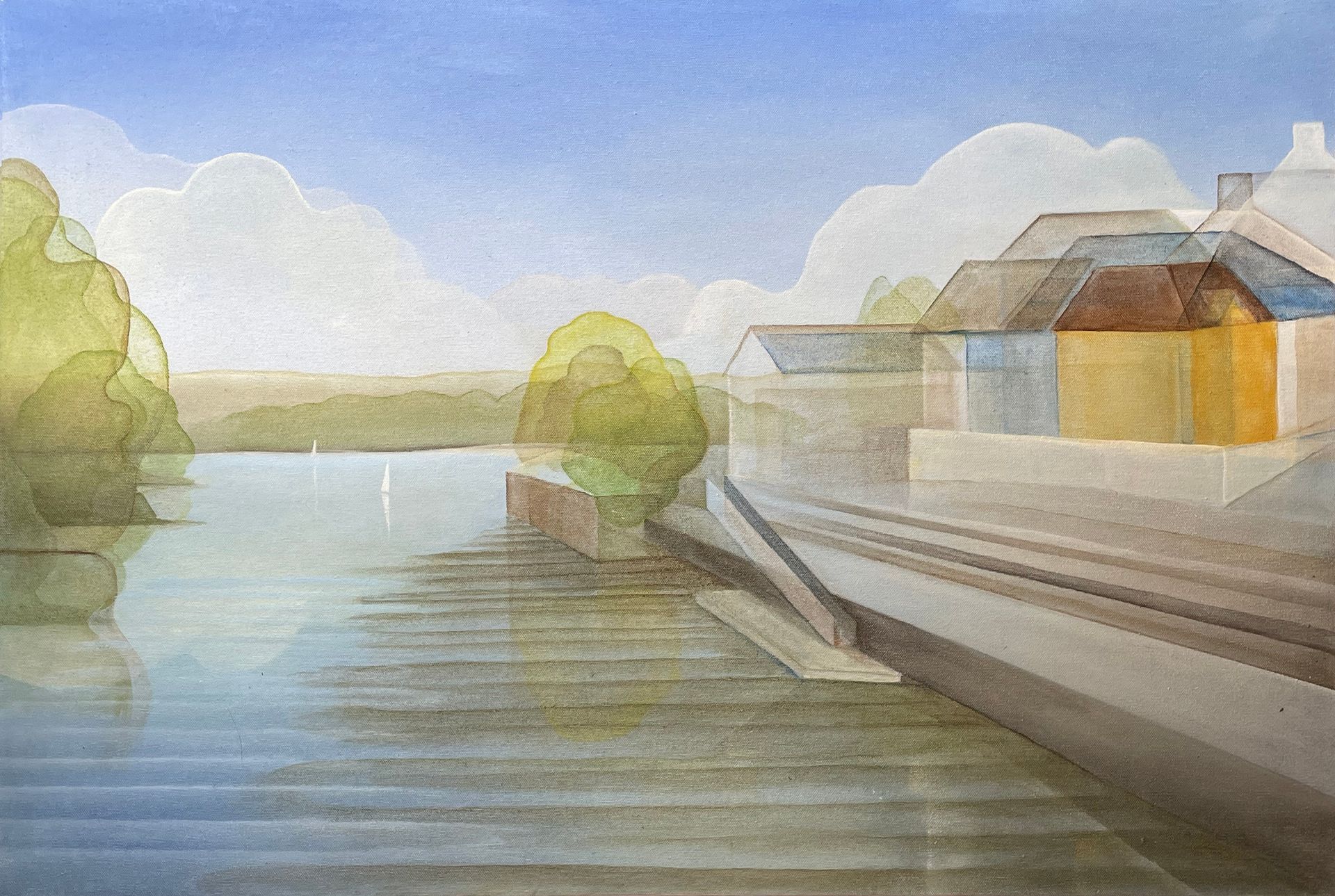 Cardigan Quay. Oil painting on canvas in blues, greens and browns