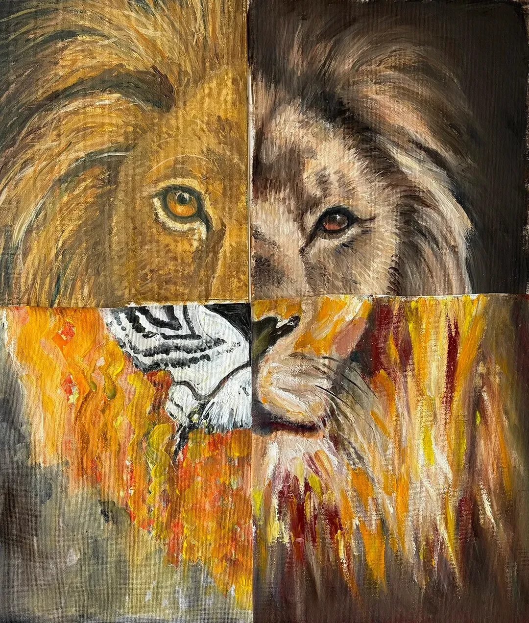 A lion photo divided and painted by four different painters