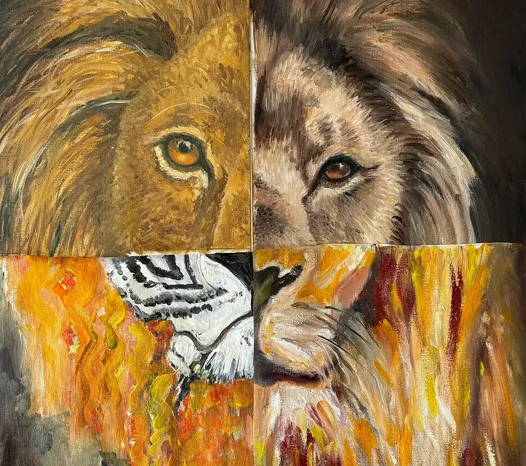 painting in the studio A lion painted by four different artists