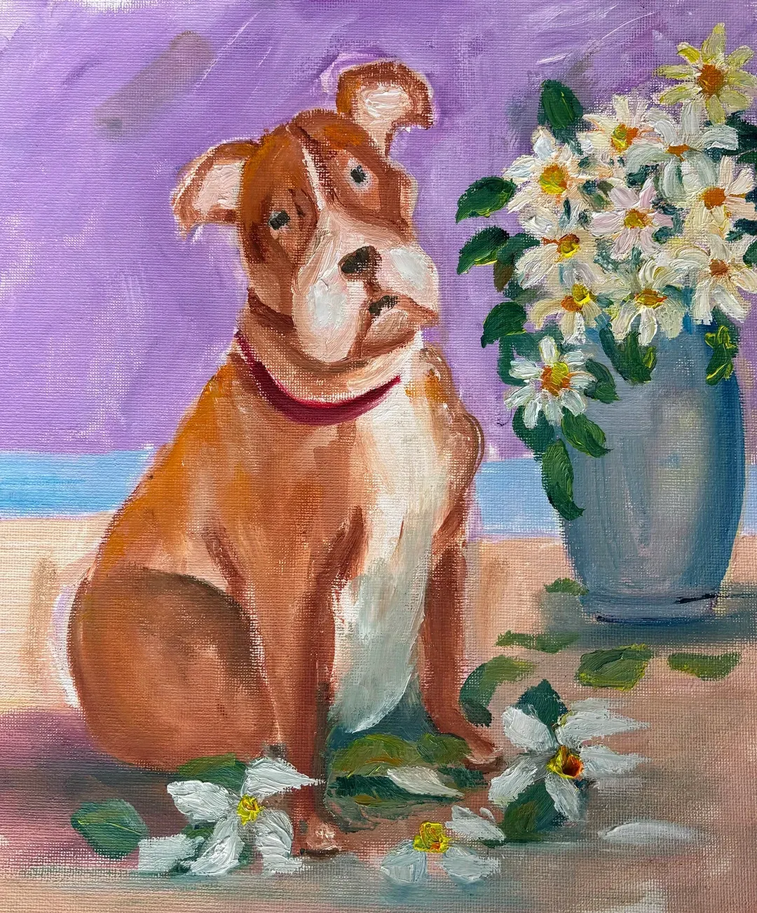 Sad puppy painted from a colouring book line drawing