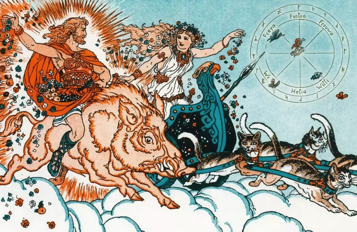 Freyr et Freyja sur leur bateau, accompagné de leur sanglier