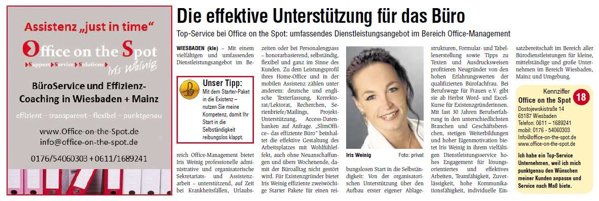 Office on the Spot Iris Weinig ~ Wiesbadener Kurier ~ Top Service Unternehmen Sonderausgabe 25.10.2012