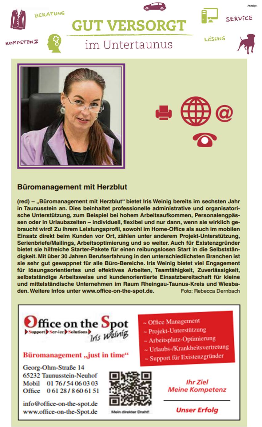 Office on the Spot Iris Weinig ~ Untertaunus-Wochenblatt 07.02.2018
