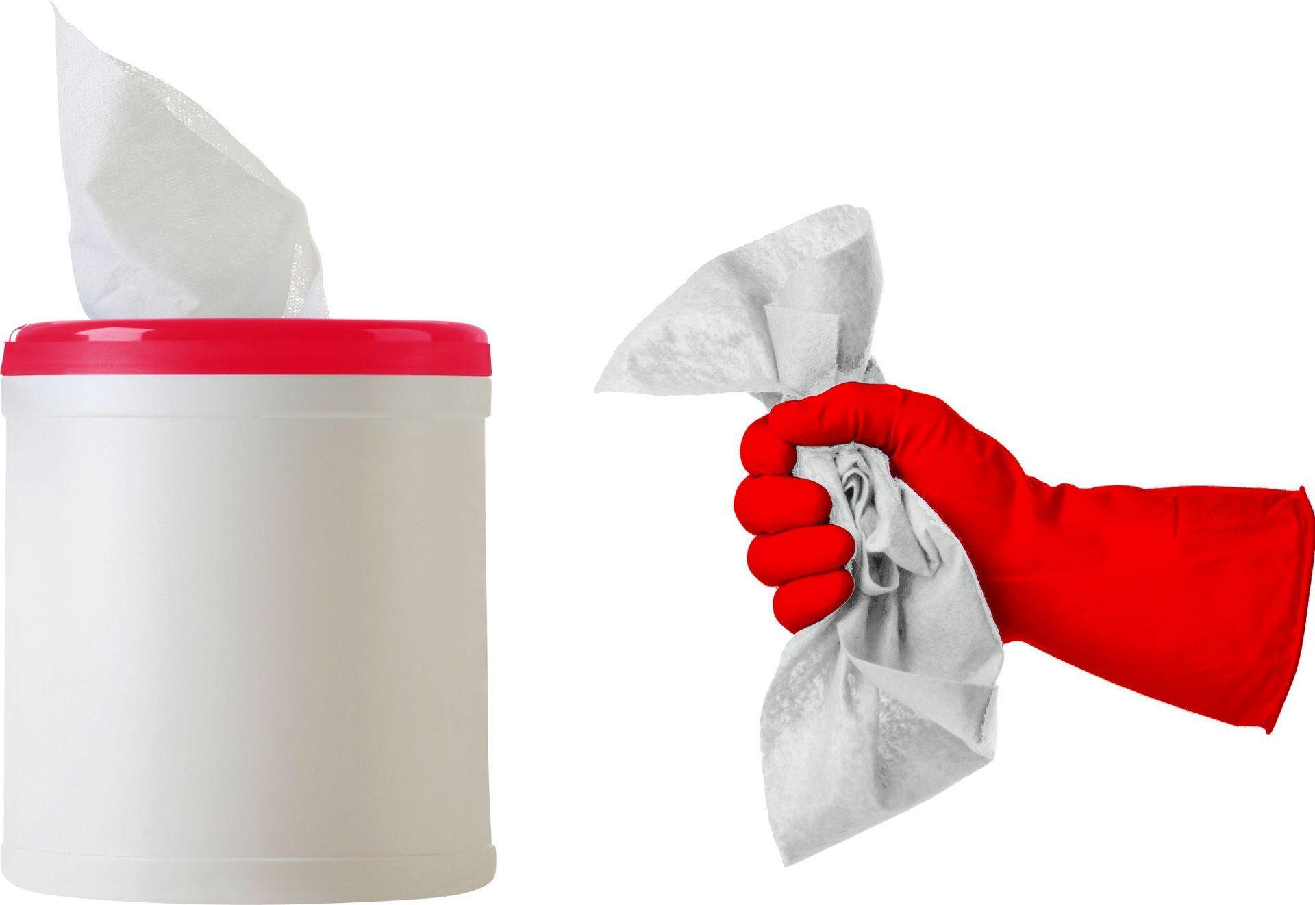 Image of Wipes in a Tub and Gloved Hand Holding Wipe