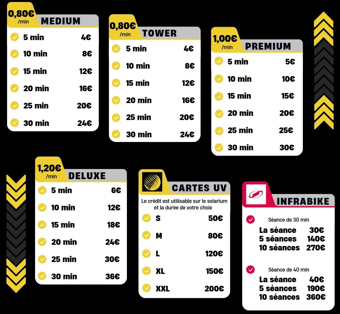 Tarifs UV, Tarifs infrabike, megaSun Limoges, Tarifs solariums, Tarif bronzage