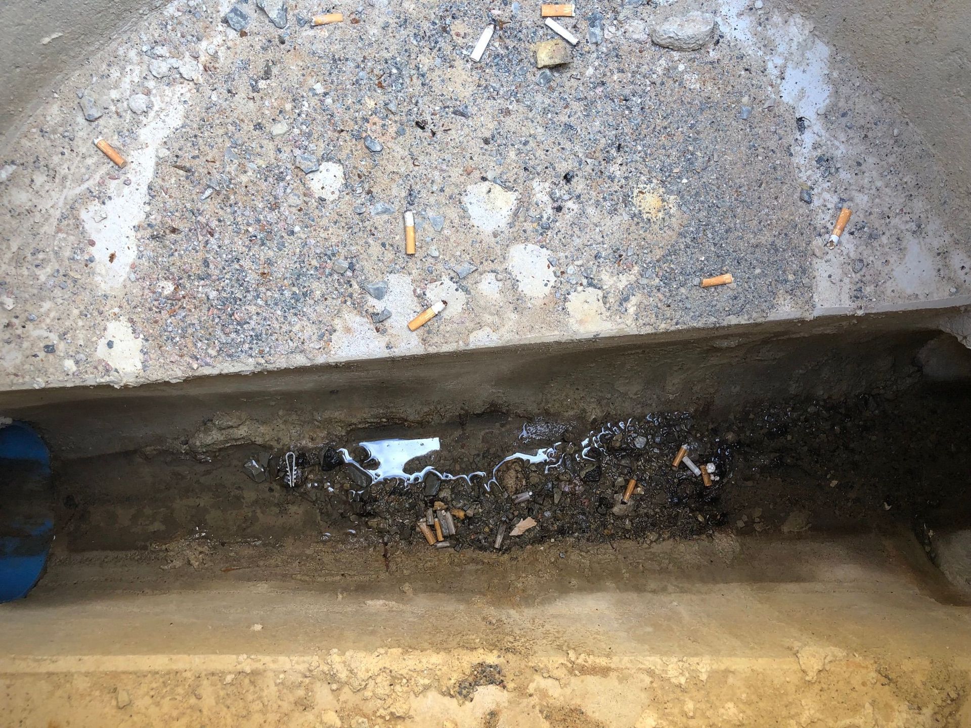 Ablagerungen in Grundleitung. Ablagerungen und Hausmüll wie Zigarettenstummel in der Grundleitung.