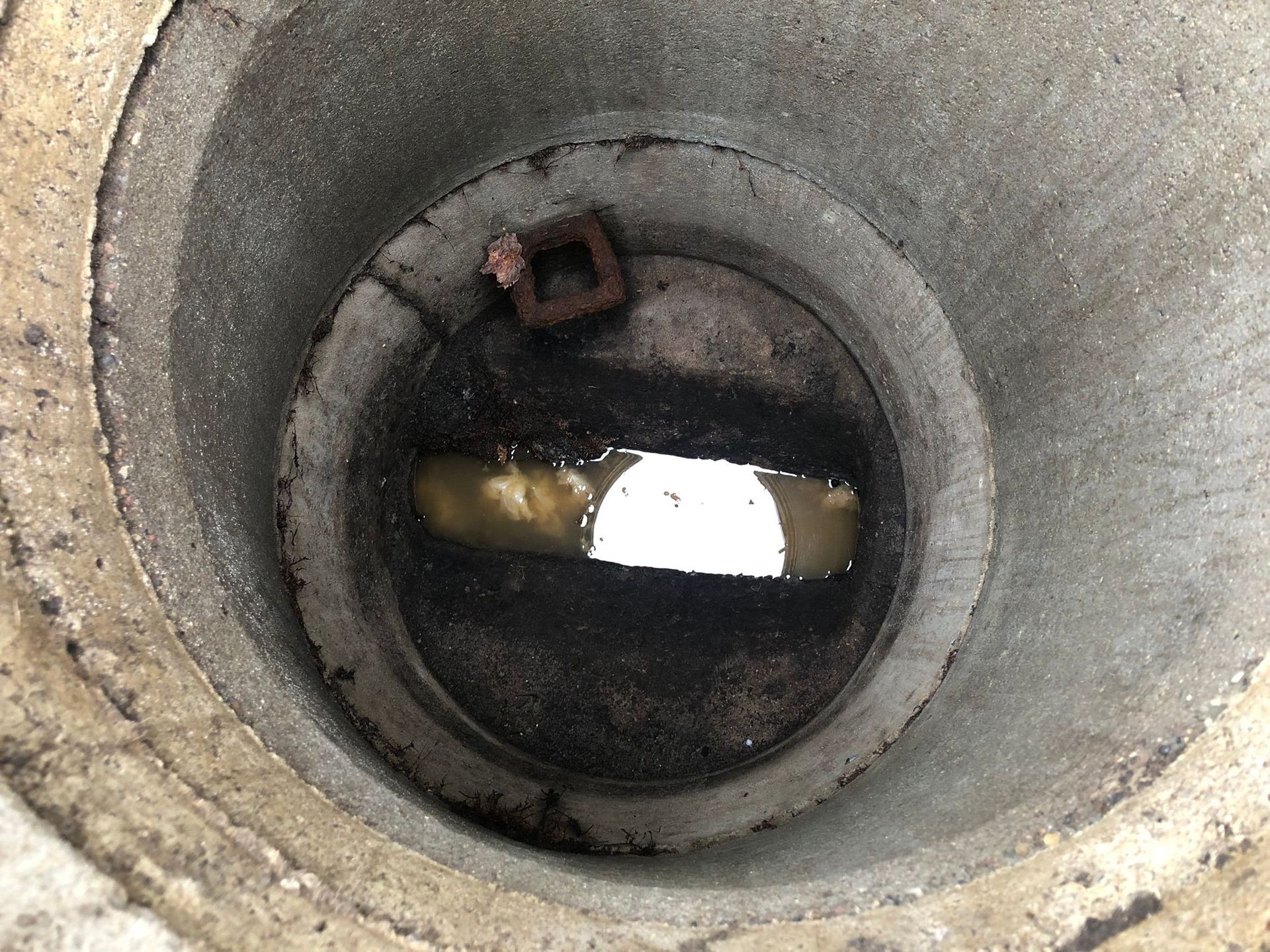 Grundleitung verstopft durch feuchtes Toilettenpapier. Verstopfte Grundleitung muss vom Übergabeschacht beseitigt werden.